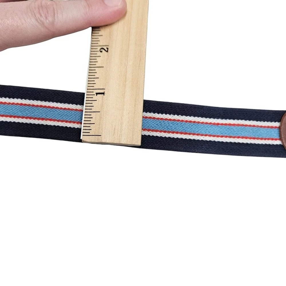 Striped Web Belt‎ 33 Genuine Leather Navy Blue Red Accents Casual Woven Preppy